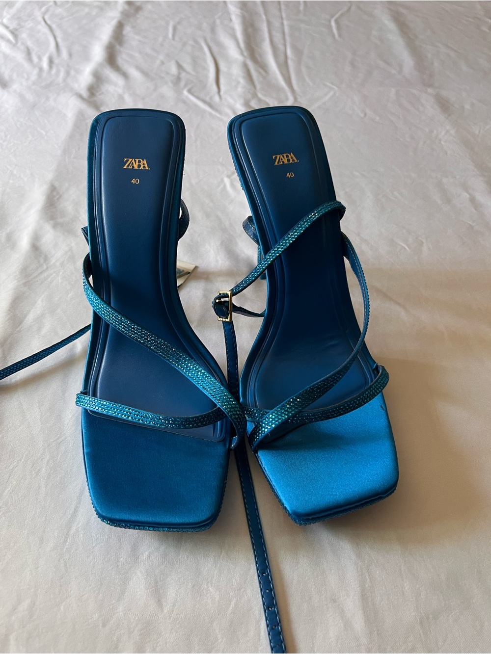 ZARA Teal Blue Satin Rhinestone Strappy Heels